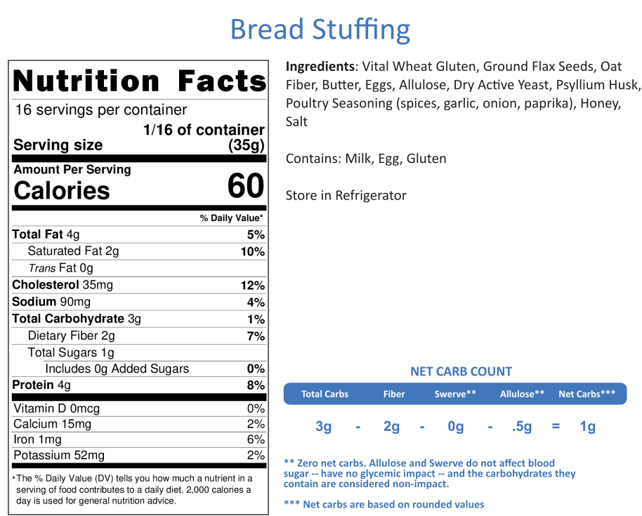 Bread Stuffing  (Contains High Protein Vital Wheat Gluten).   Recipe Card Included.